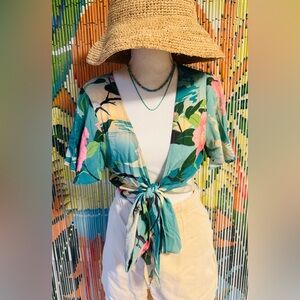 Spell Green and Pink Floral Tie-Front Blouse